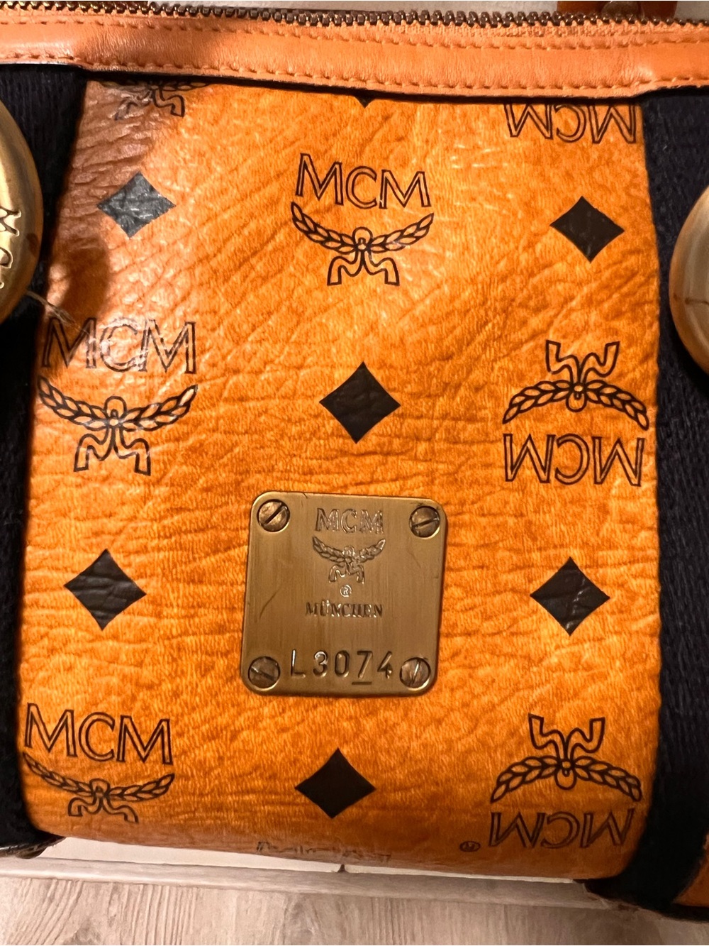 MCM Cognac Monogram Barrel Satchel with Gold Hardware - Picture 3 of 11